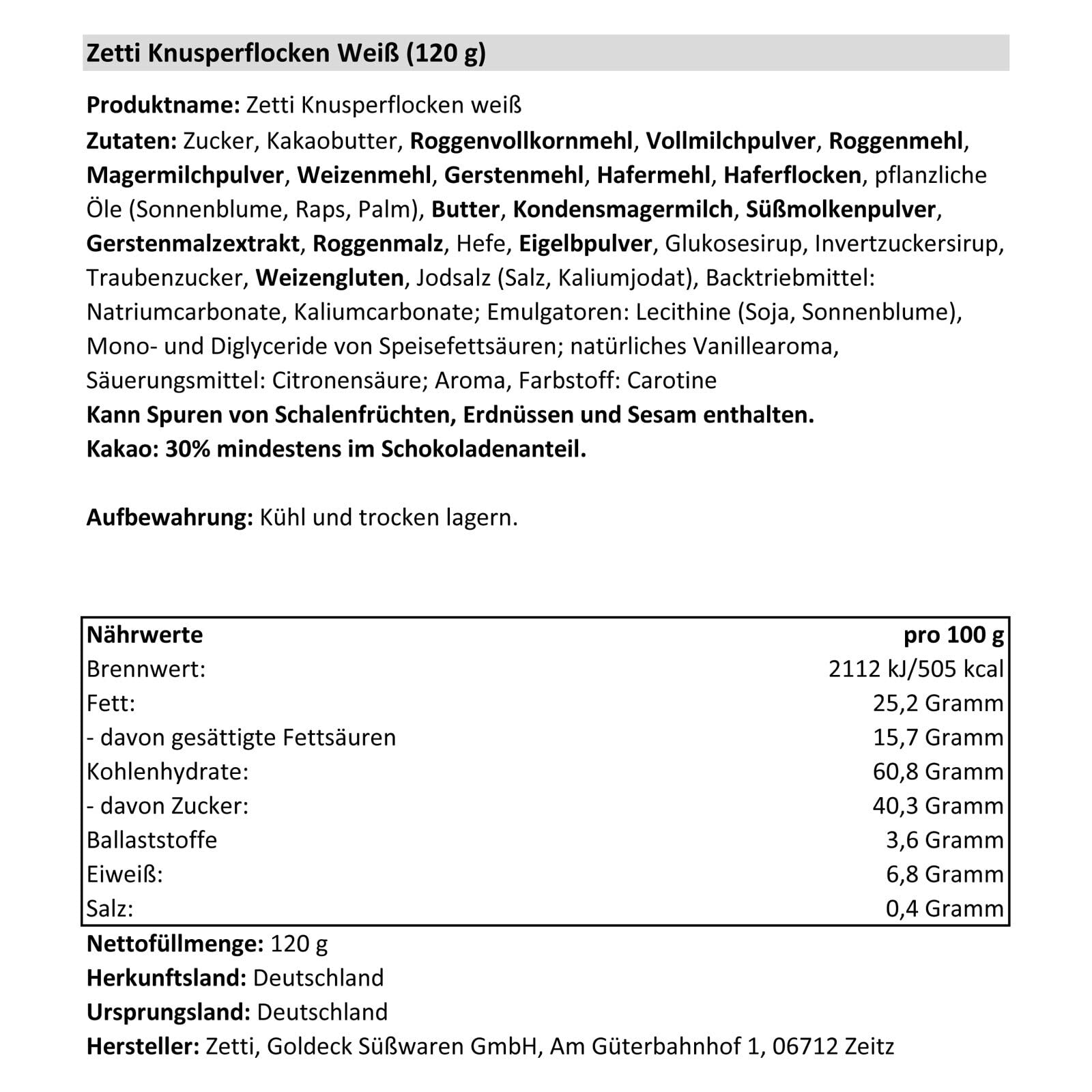 28er Pack Zetti Knusperflocken weiße Schokolade (28 x 120 g)