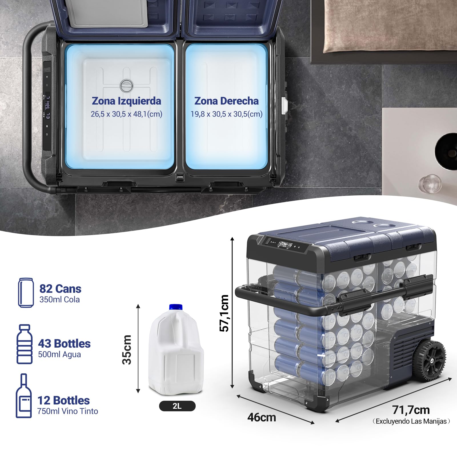 AAOBOSI 55L Frigo Portatile, Dual Zone, Frigo da Campeggio con APP, Ricarica USB, Illuminazione LED, 12/24 V e 100-240 V, -20°C a 20°C, Frigorifero Portatile con Ruote Per Molti Modelli Di Veicoli