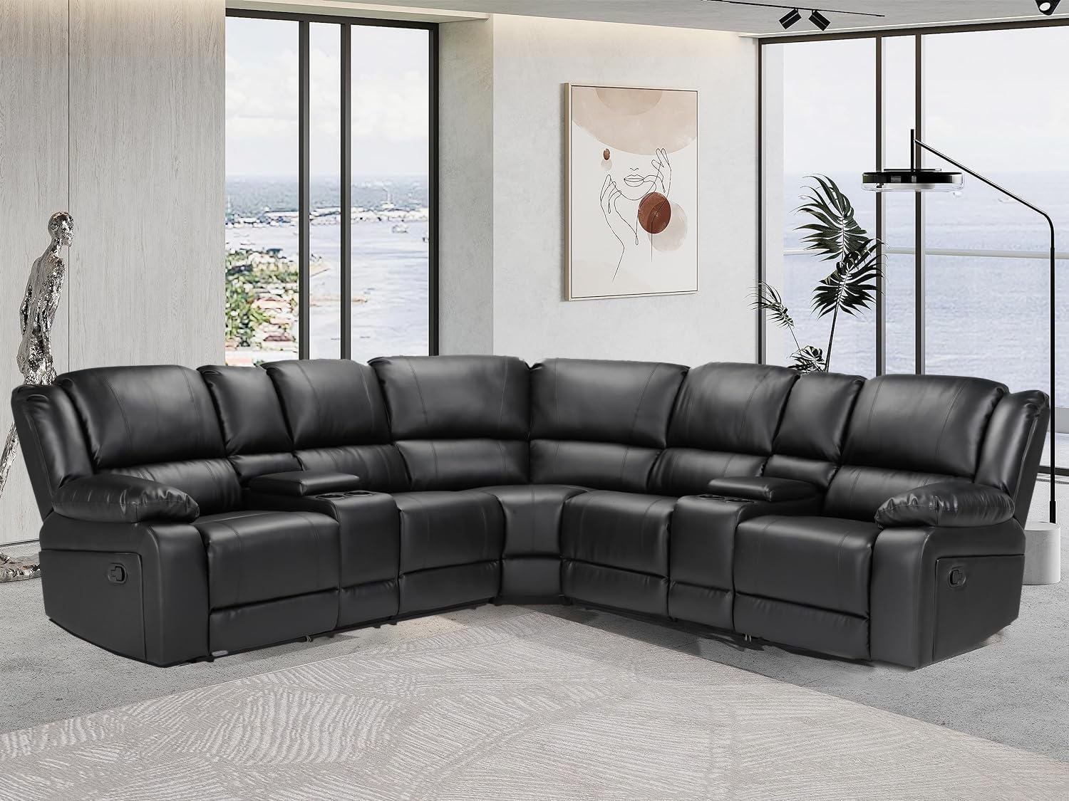 Olodumare L Shaped Symmetrical Leather Sectional Sofa with Recliner for Living Room,Office,Corner Sectional Sofa,Theater Seating with 2 Reclining Seats,3 Console,Cup Holder and Storage,Black. Box 2 of 3 ONLY