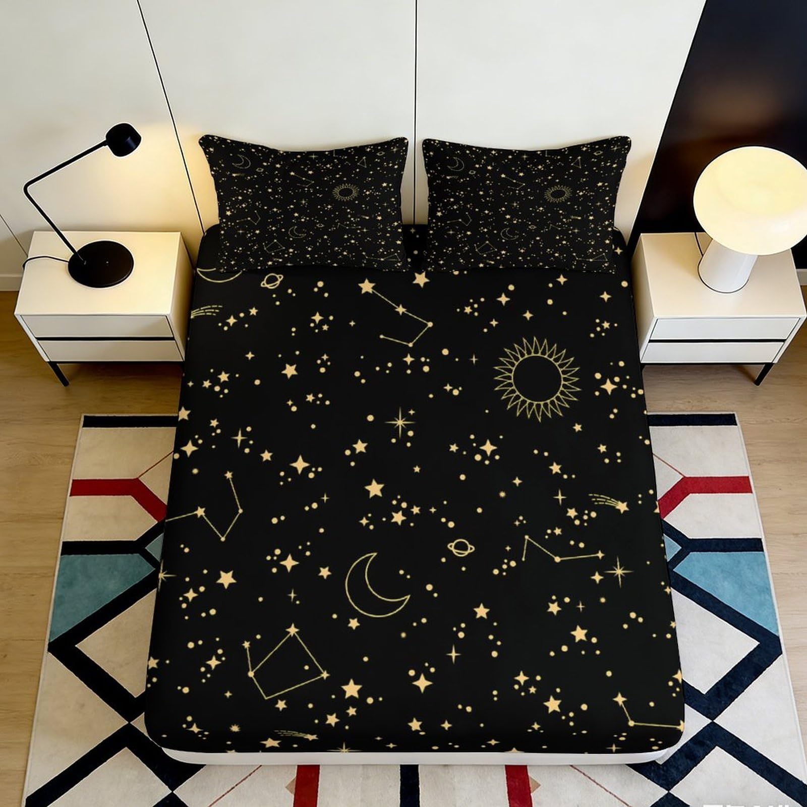 3D Printed Starry Night Fitted Sheet Microfiber Soft Gold Constellation Mattress Cover for Bedroom Guest Room Decor 160x200x25cm