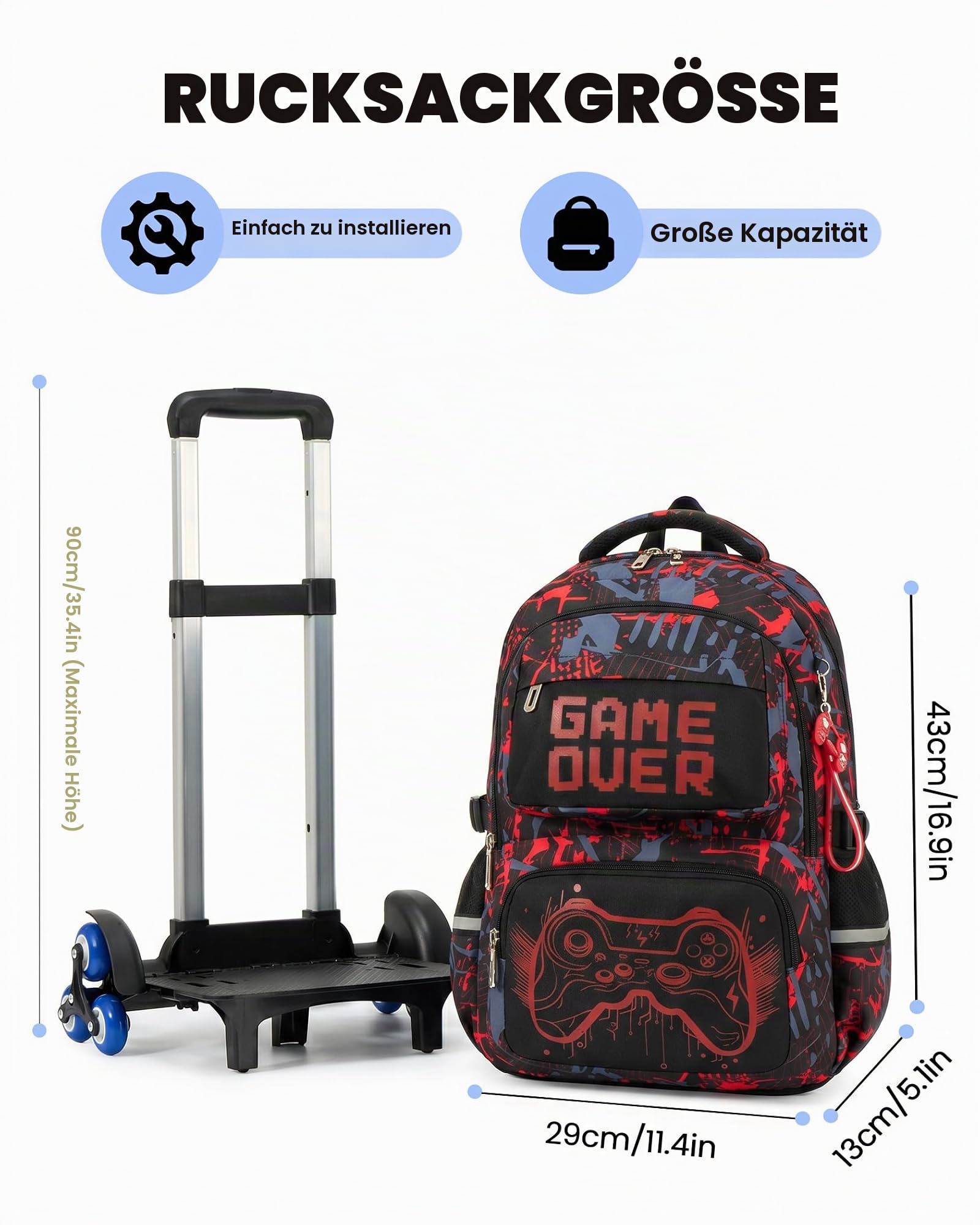 Amythe Trolley-Rucksack Jungen Kinder 8-12 Jahre mit 6 Räder, Blau | Nachtleuchtend Wasserdicht Reflektierend Leicht Blau Daypack Multitasche Geräumig Robust für Schule Reisen Wandern Freizeit