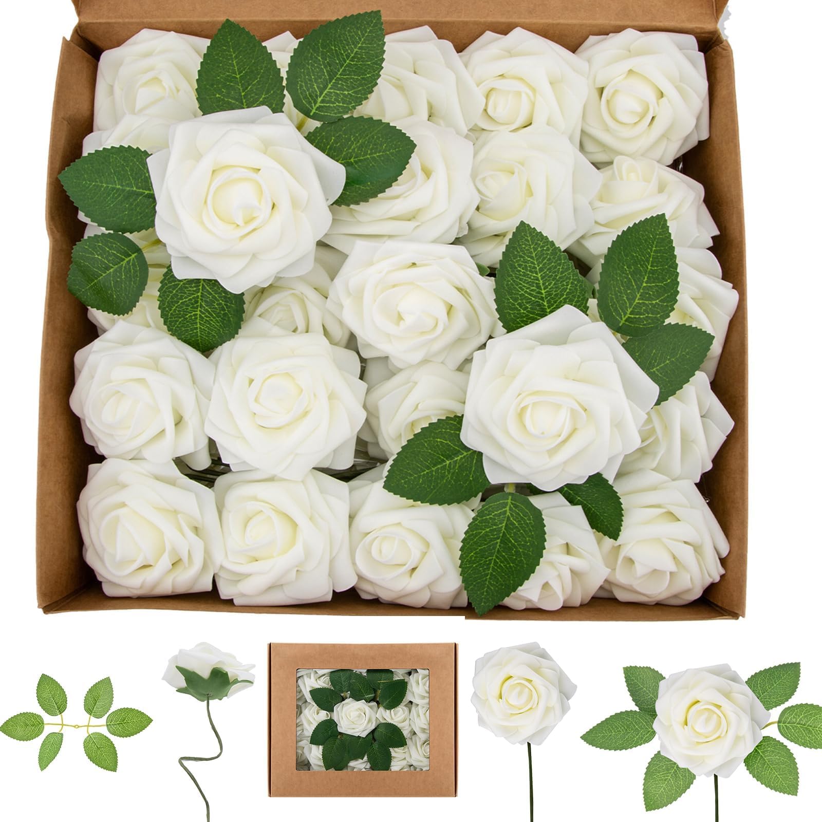 25Pcs Artificial Flowers Rose, Real Looking White Foam Fake Roses with Stems for DIY Wedding Bouquets Bridal Shower and Floral Arrangements Party Tables Home Decorations (White) image 5