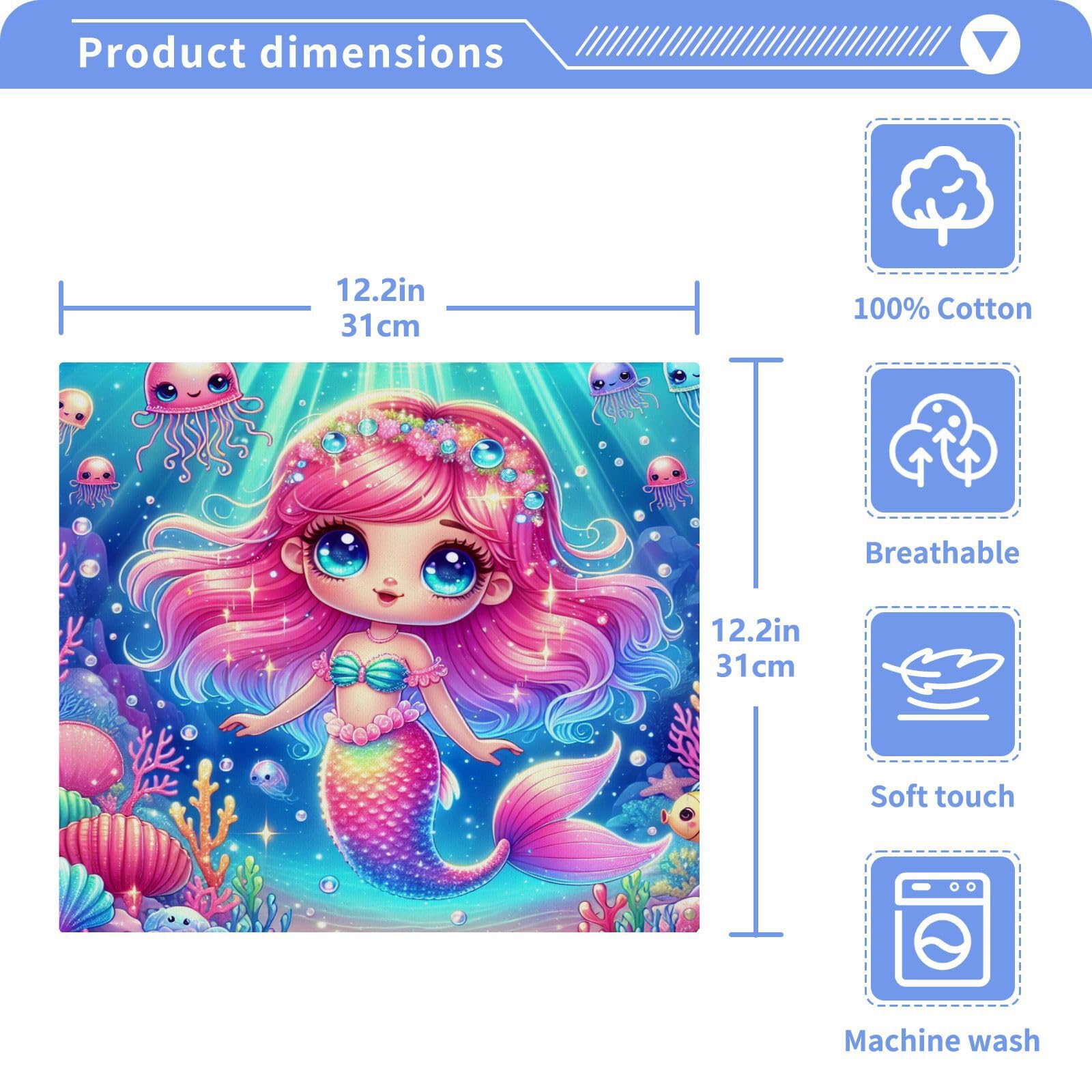 YANENDIE Sparkly Mermaid Washcloths Towels, Highly Absorbent and Soft Cotton Face Cloths, 2 Pack Quick Dry Wash Cloths - 12 X 12 Inches