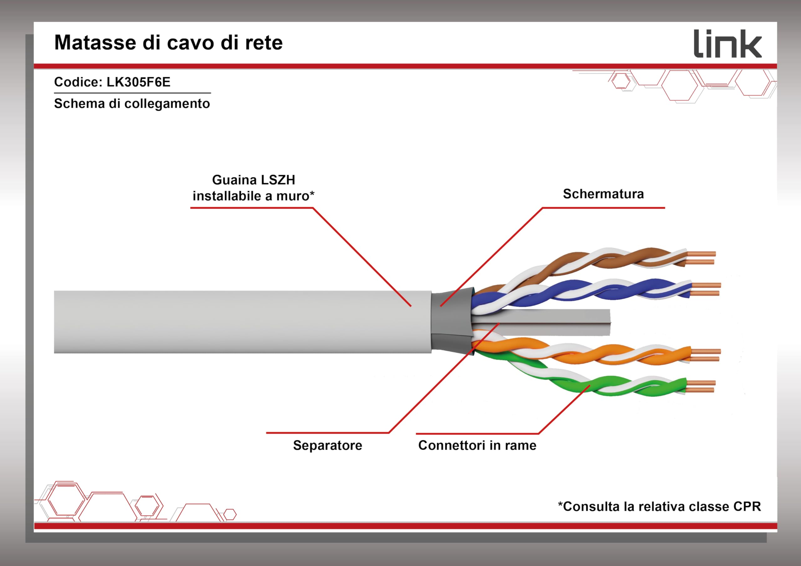 LINK LK305F6E - Cavo di rete schermato FTP categoria 6 (matassa 305 m, grigio) – Conduttori solidi in rame AWG23 a 8 poli – Guaina LSZH senza alogeni, certificazione CPR classe Eca