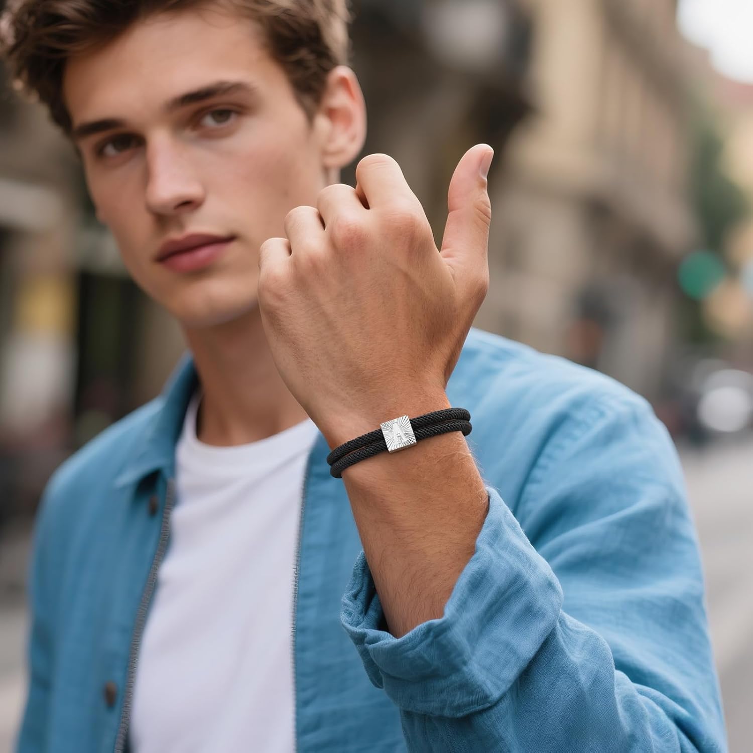 Initial Bracelet for Men Letter Handmade Natural Agate Stone Beaded Braided Black Leather Adjustable Cuff Meaningful Bracelets , Jewelry Gifts, Father's Day Gifts Matching Couple, 7.5-8.3 Inches - Image 3