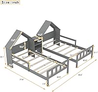 Vista 2 de DEINPPA Camas de casa dobles individuales con estante integrado, cama Montessori tamaño individual con techo, marco de cama individual de madera