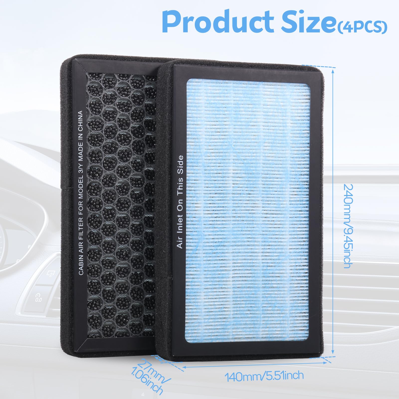 Lot de 4 accessoires de filtre à air d'habitacle, filtre HEPA de rechange avec charbon actif premium, structure de filtration en 4 étapes pour modèle 3 2016-2025 modèle Y 2020-2025