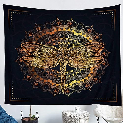 Erosebridal Tapiz dorado de libélula, tapiz de pared de libélula, mandala Trippy para colgar en la pared, tapices bohemios, negro, manta de pared