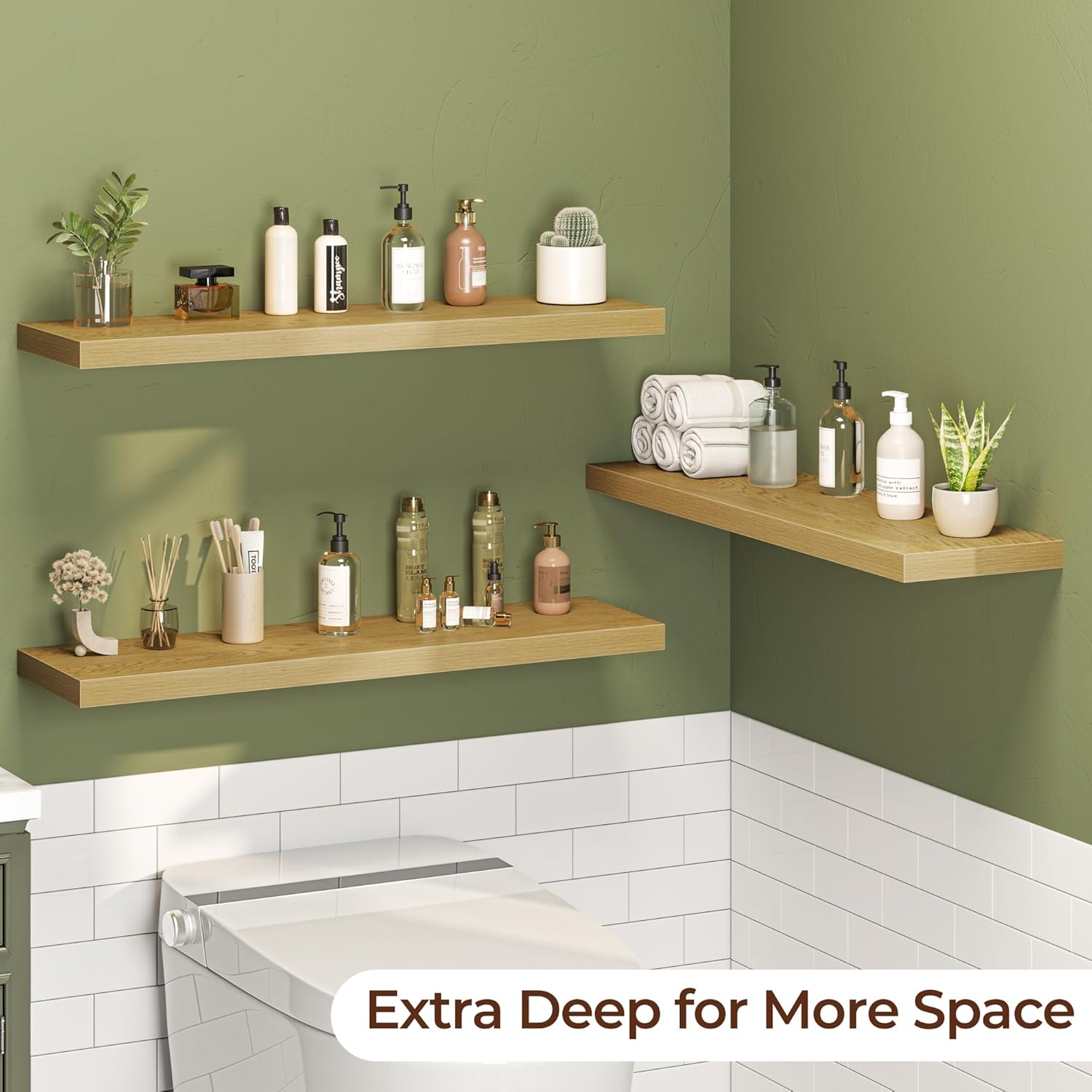 Fun Memories Floating Shelves for Wall 40 Inch Set of 3, Farmhouse Floating Shelves with Invisible Heavy Duty Bracket, 10 Inch Deep Bathroom Shelves for Storage, Living Room, Kitchen, Decor, Brown