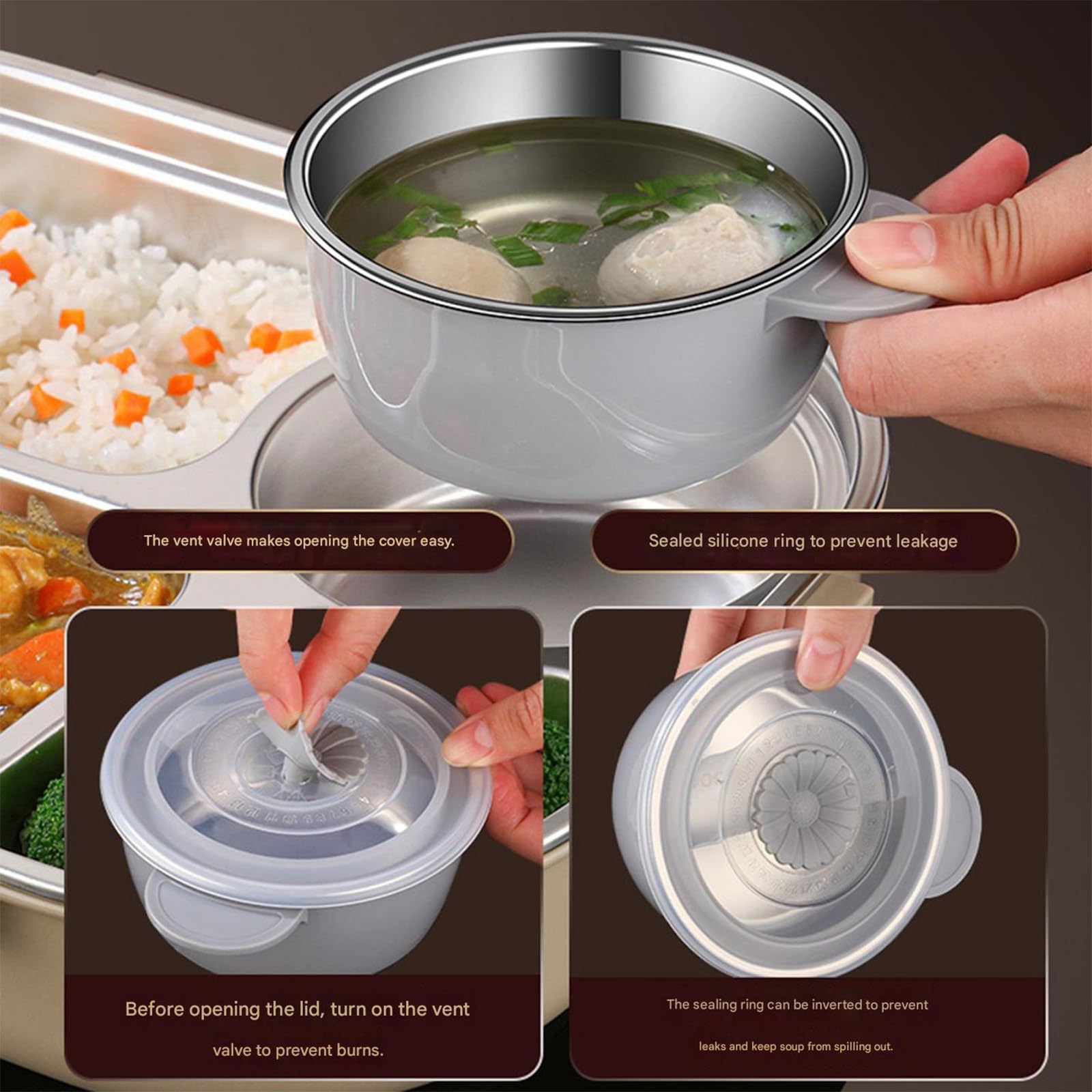 Contenitore termico per pranzo in acciaio inossidabile 304 con ciotola per zuppa, cucchiaio, bacchette, design isolato, contenitore Bentos diviso, contenitore per alimenti isolato con utensili