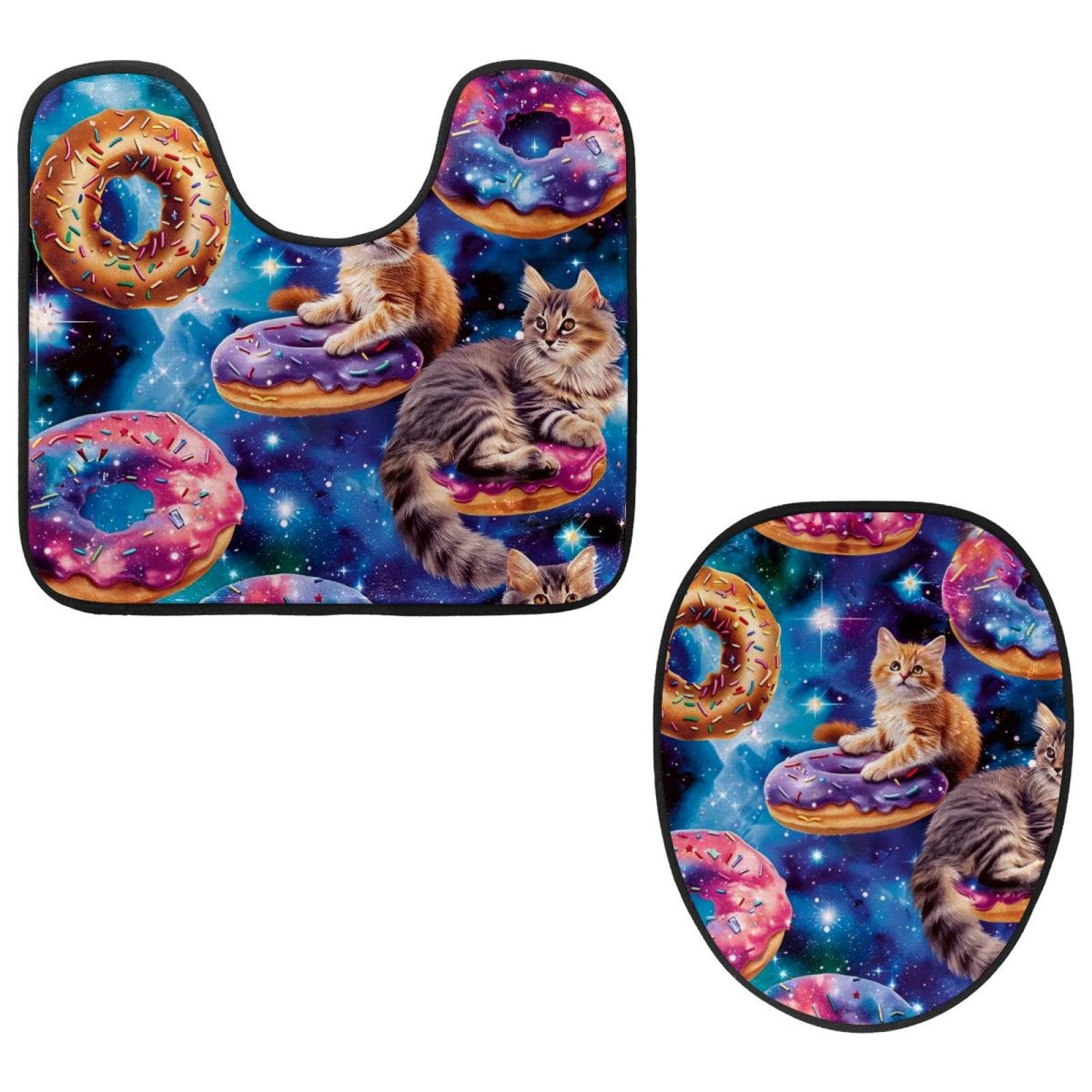 MUOOUM Toilet Lid Cover and U-Shaped Toilet Floor Mat Set of 2 Pieces, Cats Donuts Blue Galaxy Toilet Mat Set, Machine Washable Seat Covers Non-Slip Absorbent Rugs