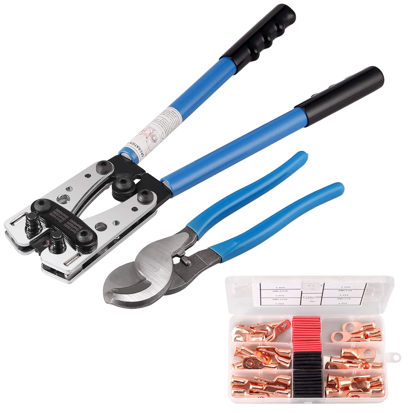 Kamtop Battery Cable Lug Crimping Tool Kit – Heavy Duty Crimper With 6 Dies, Cable Cutter, 30 Copper Lugs & 30 Heat Shrink Tubes (AWG 10-1/0)
