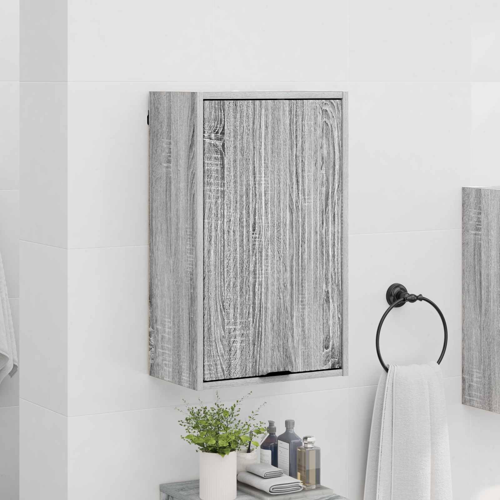 Fengshui Mueble de baño montado en la pared, gris, 39 x 23,5 x 65 cm | Hecho de material de madera, puertas con bisagras, asas de barra negras, ahorra espacio