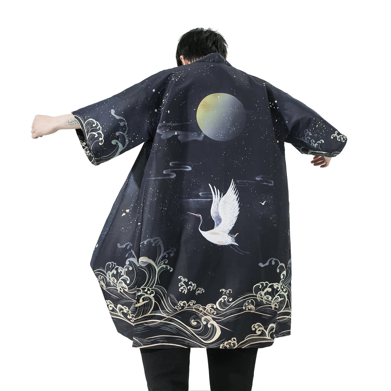 SeidariseMen's Demon Slayer Haori, Long Kimono Cardigan Jacket Japanese Style Flying Crane Seven Sleeves Open Front Coat
