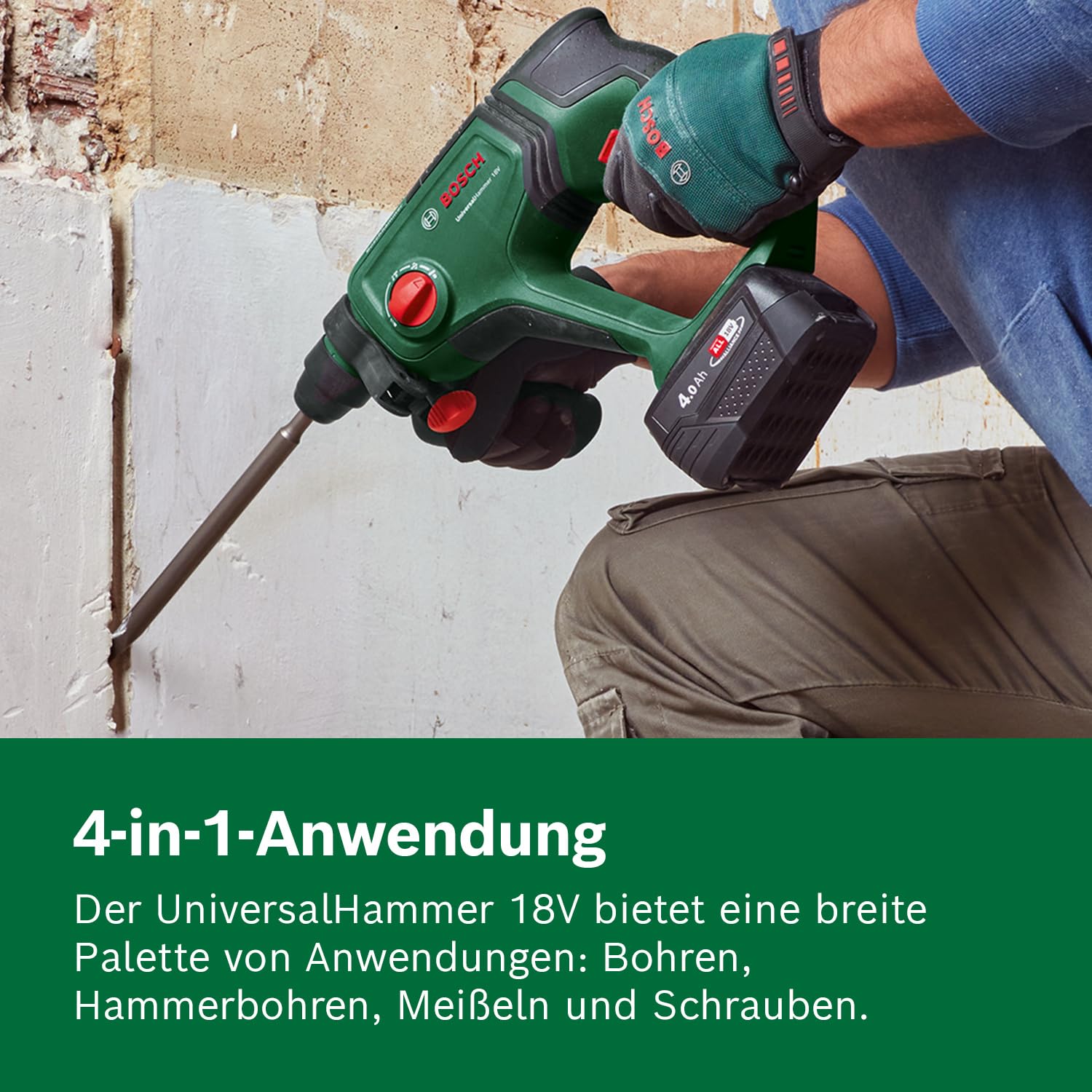 Bosch Akku-Bohrhammer UniversalHammer 18V (1x Akku 4,0 Ah; 18 Volt System; zum Bohren, Hammerbohren, Meißeln und Schrauben; im Koffer)