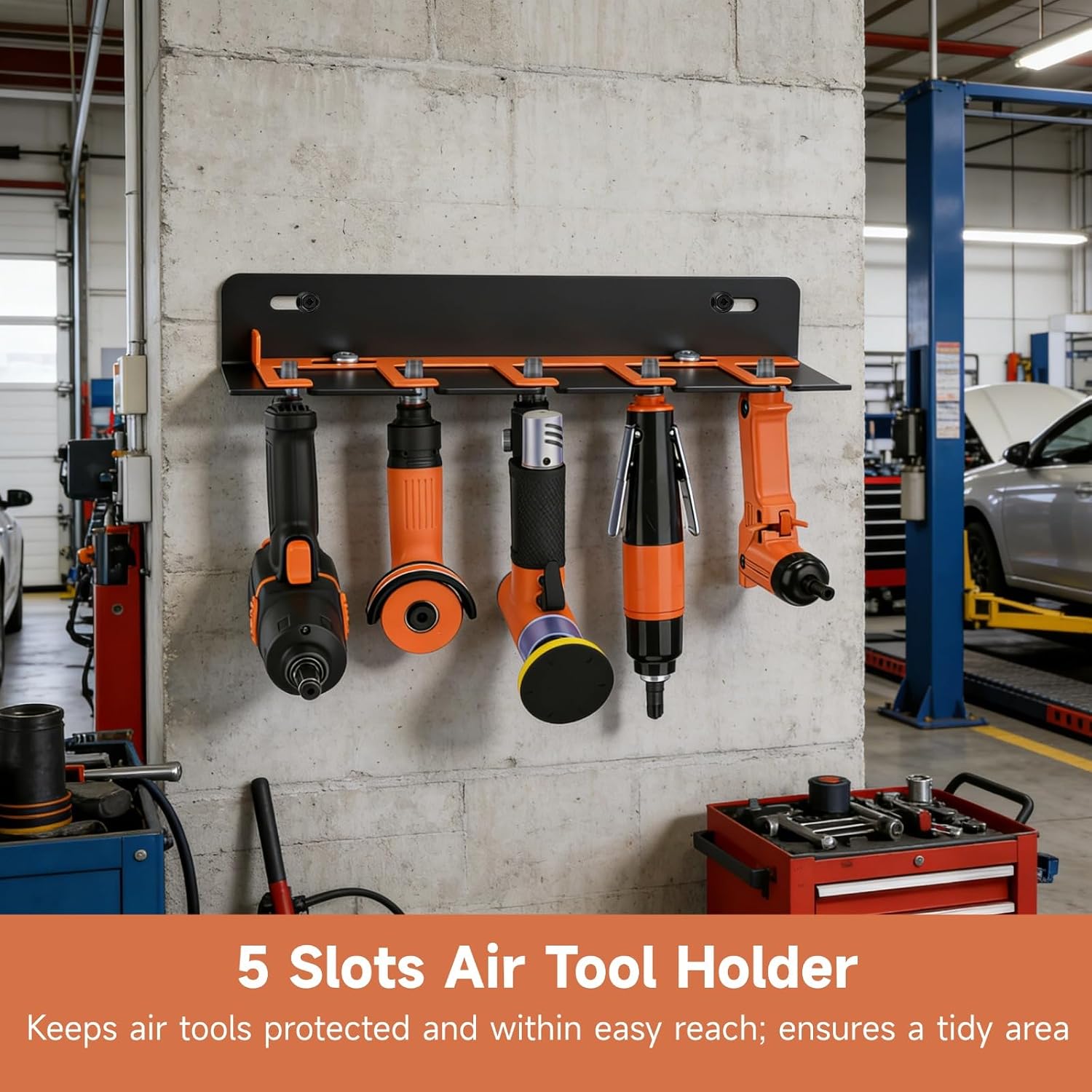 Air Tool Holder, 5 Slots Pneumatic Tool Rack for Garage Walls, Lockable Metal Hanger for Air Compressor Tools, Wall Mounted Organizer, Tool Cart Storage Accessories
