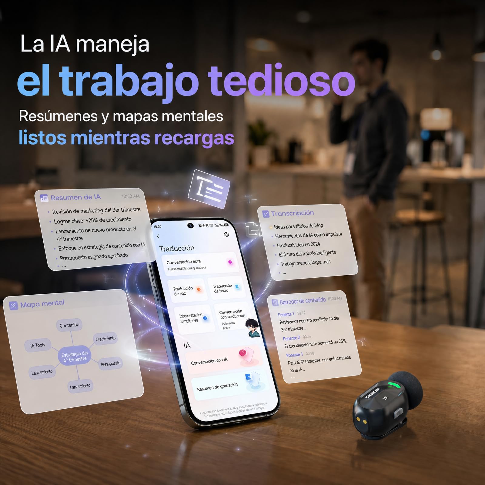 SYNCO SMICT Micrófono de Solapa Inalámbrico IA para Android | App AI Bluetooth, Traducción en Tiempo Real, Reducción de Ruido, 2 Micrófonos USB-C para Vlog y Streaming