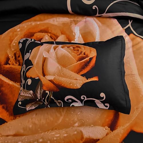 Miniatura 8 de Xruibed Juego de edredón floral tamaño King de 7 piezas en una bolsa, edredón de flores de rosa naranja con juego de sábanas de microfibra suave (1