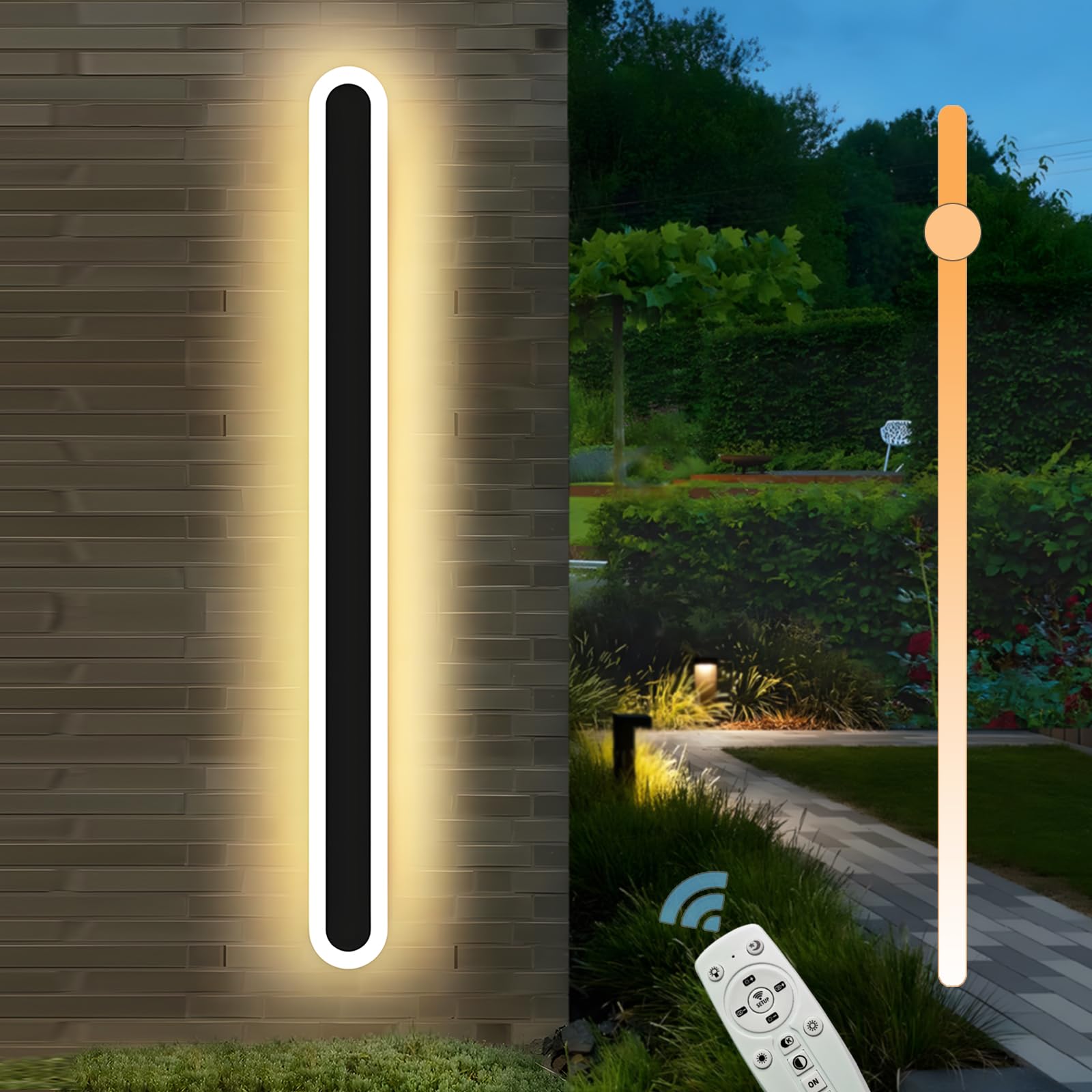 120CM/25W Aplique Pared Exterio LED con Control Remoto | Regulable 10%-100%,3000K-6000K Lampara de pared Largo Impermeable Exterio para Villa Jardines Terrazas Balcón,Negro,110-240V