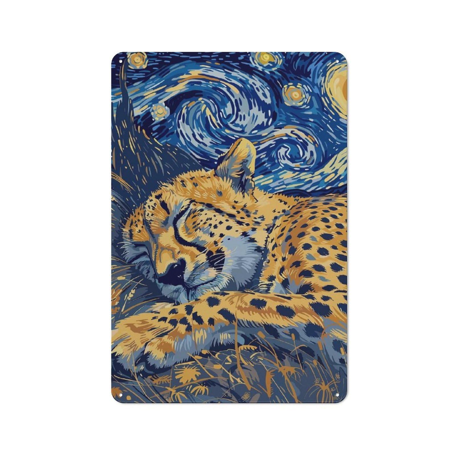 Classic Sleeping Cheetah Starry Night Art Tin Sign 30x20cm, Classic Pub Decor for Cafe, Pub, Workshop Or Home Bar, Small Accent for Blank Walls