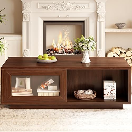 Miniatura 11 de HSH Mesa auxiliar rústica con almacenamiento, mesa de centro baja para sala de estar, mesas de centro largas rectangulares de madera, mesas