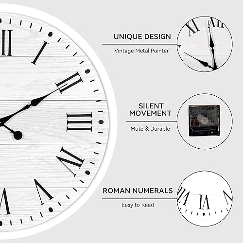 Miniatura 7 de Reloj de pared grande con número romano, reloj de pared Shiplap de 35 pulgadas, estilo casa de campo, casi sin tictac, reloj redondo para decoración