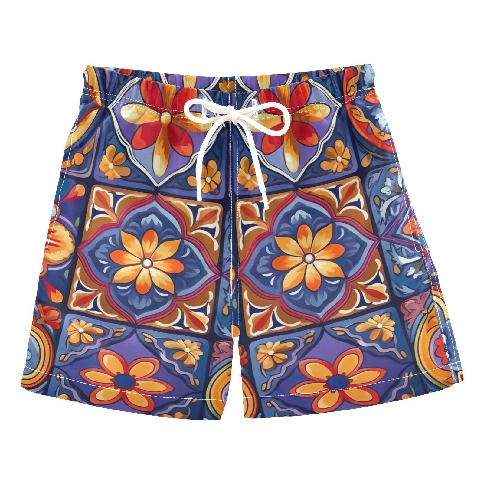FLildon Mexican Ceramic Tile Little Boys Swim Trunks with Mesh Lining Quick Dry Beach Board Shorts, 3T