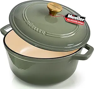 MÜELLERHOME 6 Quart Enameled Cast Iron Dutch Oven For Sourdough Bread Baking, Heavy-Duty, Oven-Safe up to 500° F & Across All Cooktops, Casserole Dishes, Green Kitchen Accessories, Thyme Green