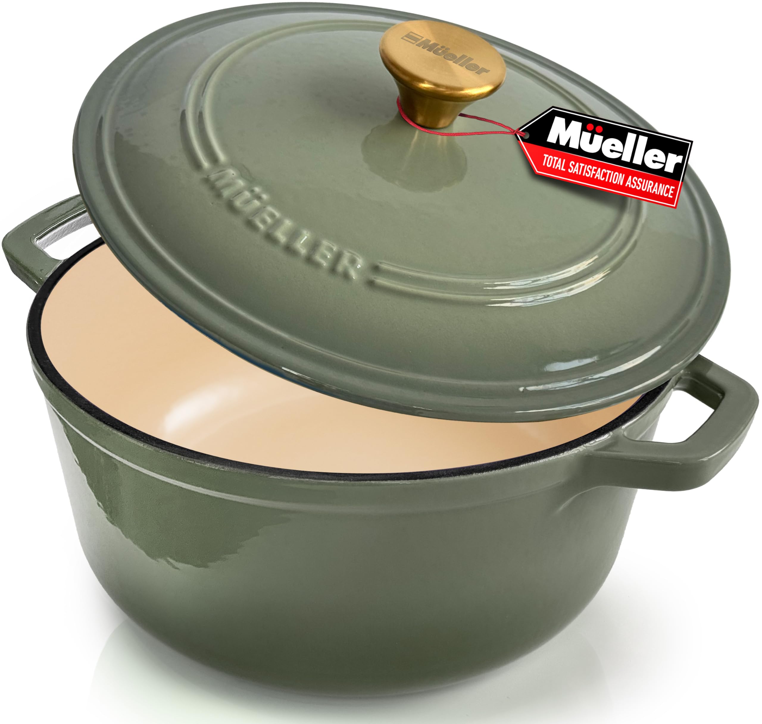 MÜELLERHOME 6 Quart Enameled Cast Iron Dutch Oven For Sourdough Bread Baking, Heavy-Duty, Oven-Safe up to 500° F & Across All Cooktops, Casserole Dishes, Green Kitchen Accessories, Thyme Green