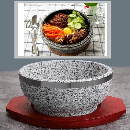 Miniatura 5 de MDLUU 2 cuencos Dolsot Bibimbap de 32 onzas, cuenco de piedra de granito con base de madera, olla Dolsot para sopa coreana, arroz y estofado