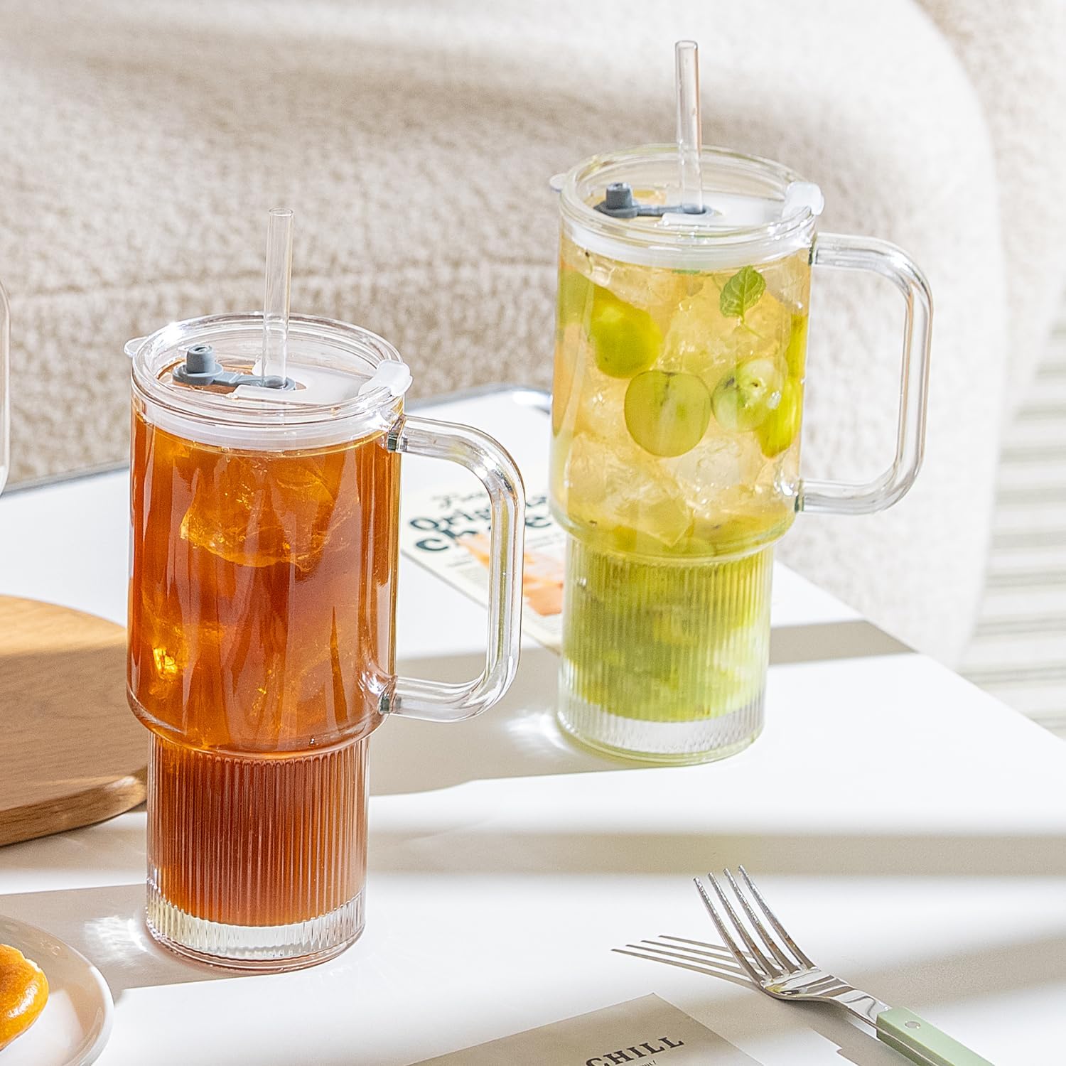 KEMORELA 2-Pack 26oz Ribbed Glass Tumblers with Handle and Lid – Large Aesthetic Iced Coffee Cups with Straws, Modern Textured Glass Mugs for Smoothies, Tea, Juice & Cold Beverages, Dishwasher Safe - Image 8