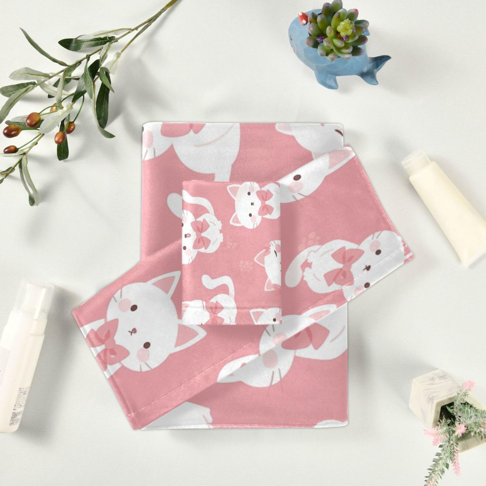 Set di 3 asciugamani per il viso con gatti bianchi carini rosa dalla testa ai piedi, 1 asciugamano da bagno, 1 asciugamano per le mani, 1 panno per il bagno e la cucina
