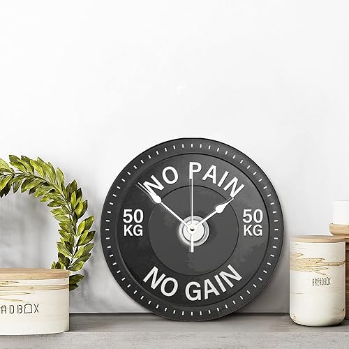 Miniatura 4 de ArogGeld Reloj de pared con placa de pesas con barra para fitness, sin dolor, sin ganancia, decoración de gimnasio en casa, reloj de pared redondo