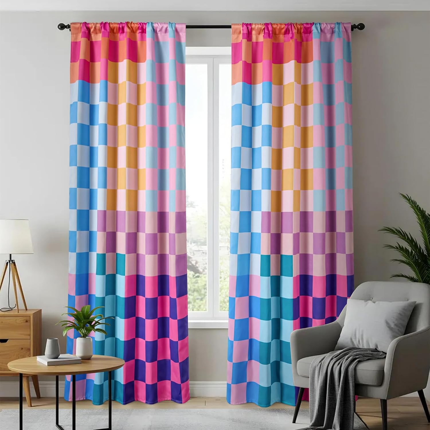 RoomTalks Multicolored Checkerboard Blackout Window Curtains for Bedroom Living Room 63 Inches Length 2 Panels, Mid Century Modern Aesthetic Curtain Panels Colorful Vibrant Checkered Window Drapes
