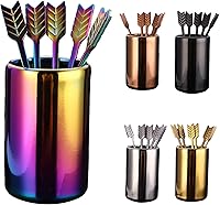 Vista 8 de 5 palitos de acero inoxidable para revolver café con soporte para agitadores, palitos de metal para café, tenedores de frutas reutilizables