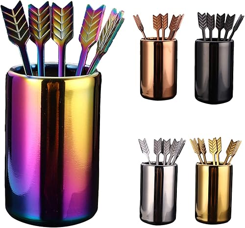 Miniatura 8 de 5 palitos de acero inoxidable para revolver café con soporte para agitadores, palitos de metal para café, tenedores de frutas reutilizables, para