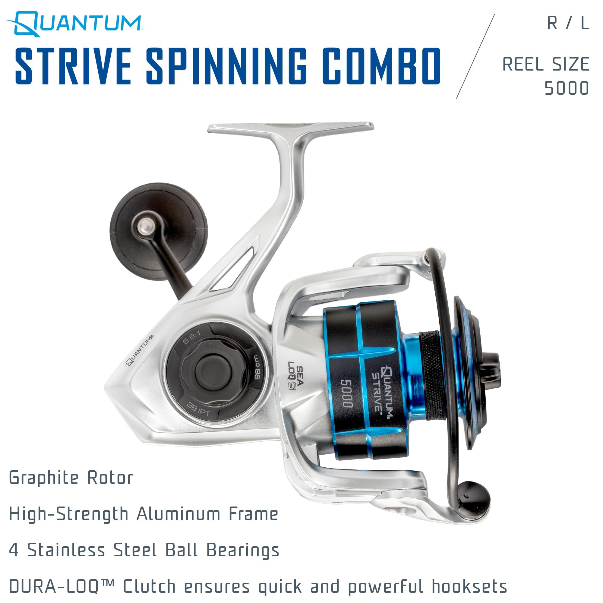 Quantum Strive Spinning Reel and Fishing Rod Combo, 8-Foot 2-Piece, Med-Heavy Power Mod-Fast Action Rod, Graphite Blank, Size 5000 Reel