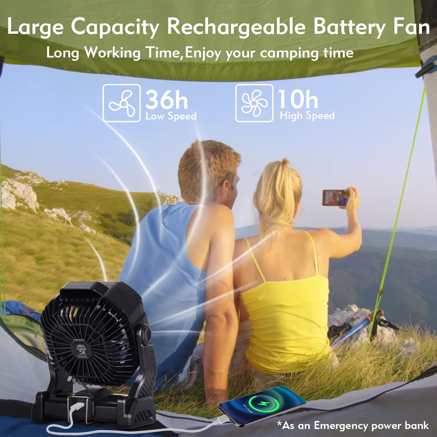 RUNTOP 20000mAh Battery Operated Fan, Battery Powered 2 Blades Camping Fan, USB Rechargeable Desk Fans with 2 Colors LED Light & Hook,Timer, Outdoor Portable Fans for Camping, Fishing, Hurricane - Image 4