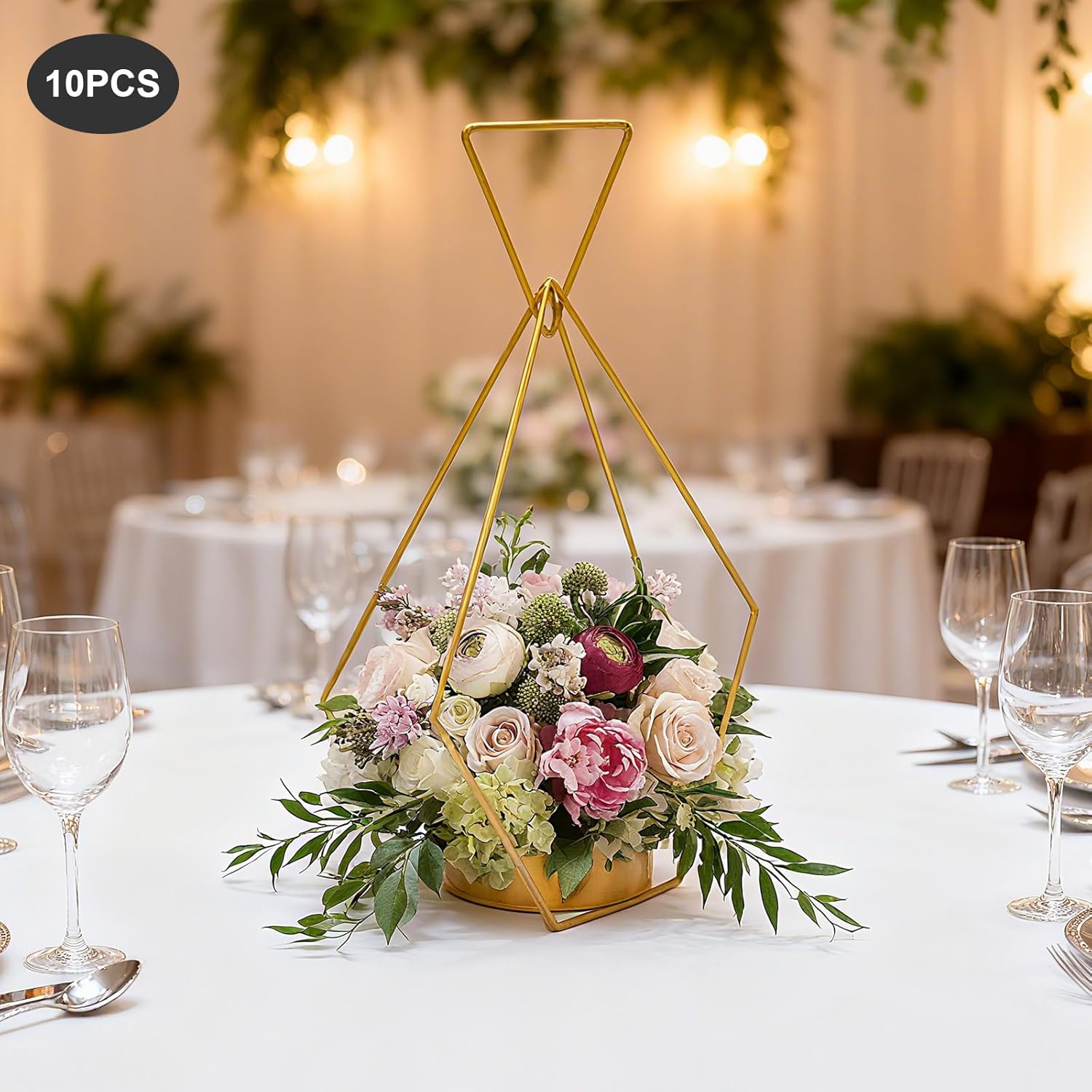 10 Pcs Portable Hanging Gold Vases for Centerpieces Wedding Metal Flower Stand Geometric Flower Girl Baskets for Wedding Centerpiece Tables Party Home Decor Trumpet Vase