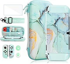 Case Bundle for Nintendo Switch OLED Accessories, Carrying Case for Switch OLED and Joy Con with Flip Protective Cover and Screen Protector, 4 Thumb Grips, Shoulder Strap - Marble Jadeite Green
