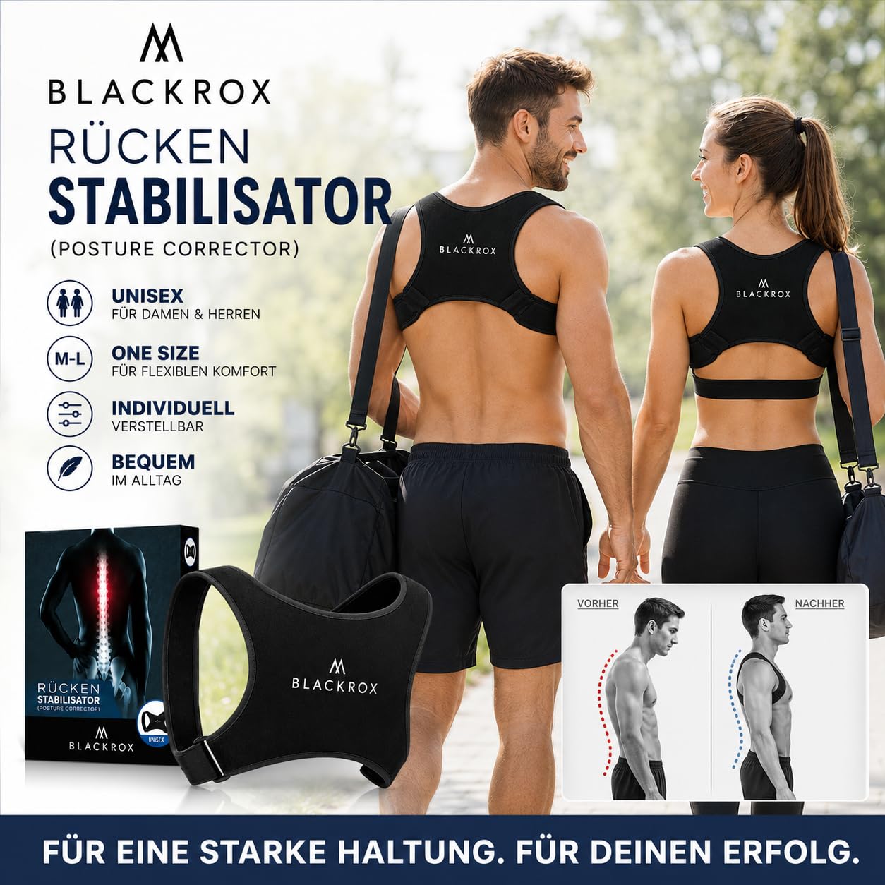 Blackrox Rückenstabilisator Vergleichssieger Haltungskorrektur für Schulter & Rücken Geradehalter Verstellbare Größe Damen Herren, Schwarz, one size