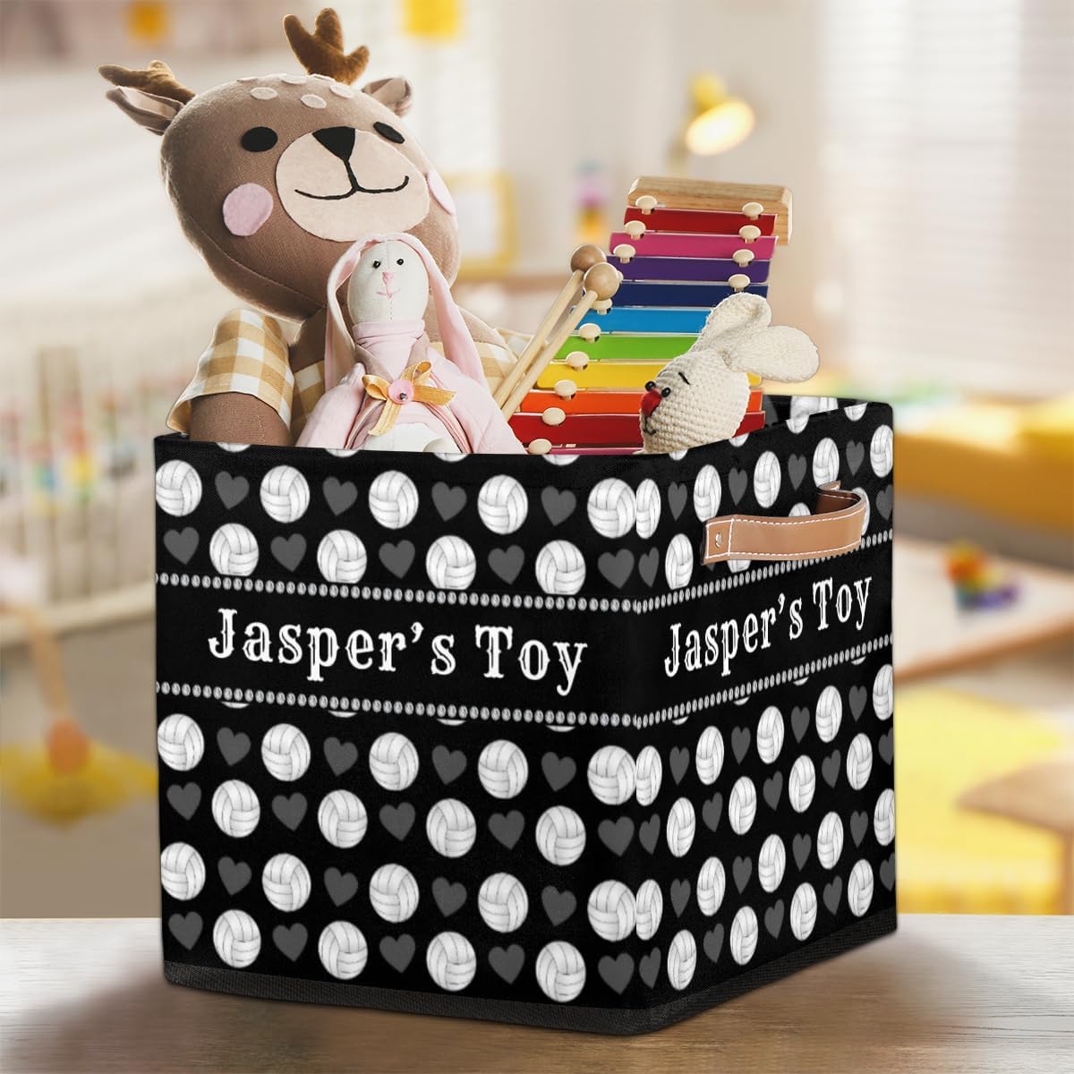 Custom Storage Baskets Personalized Storage Bins Basket Boxes with PU Leather Handles for Clothes Bedroom Closet Organizing Toys Books Shelves Storage Boxes-black volleyballs and hearts