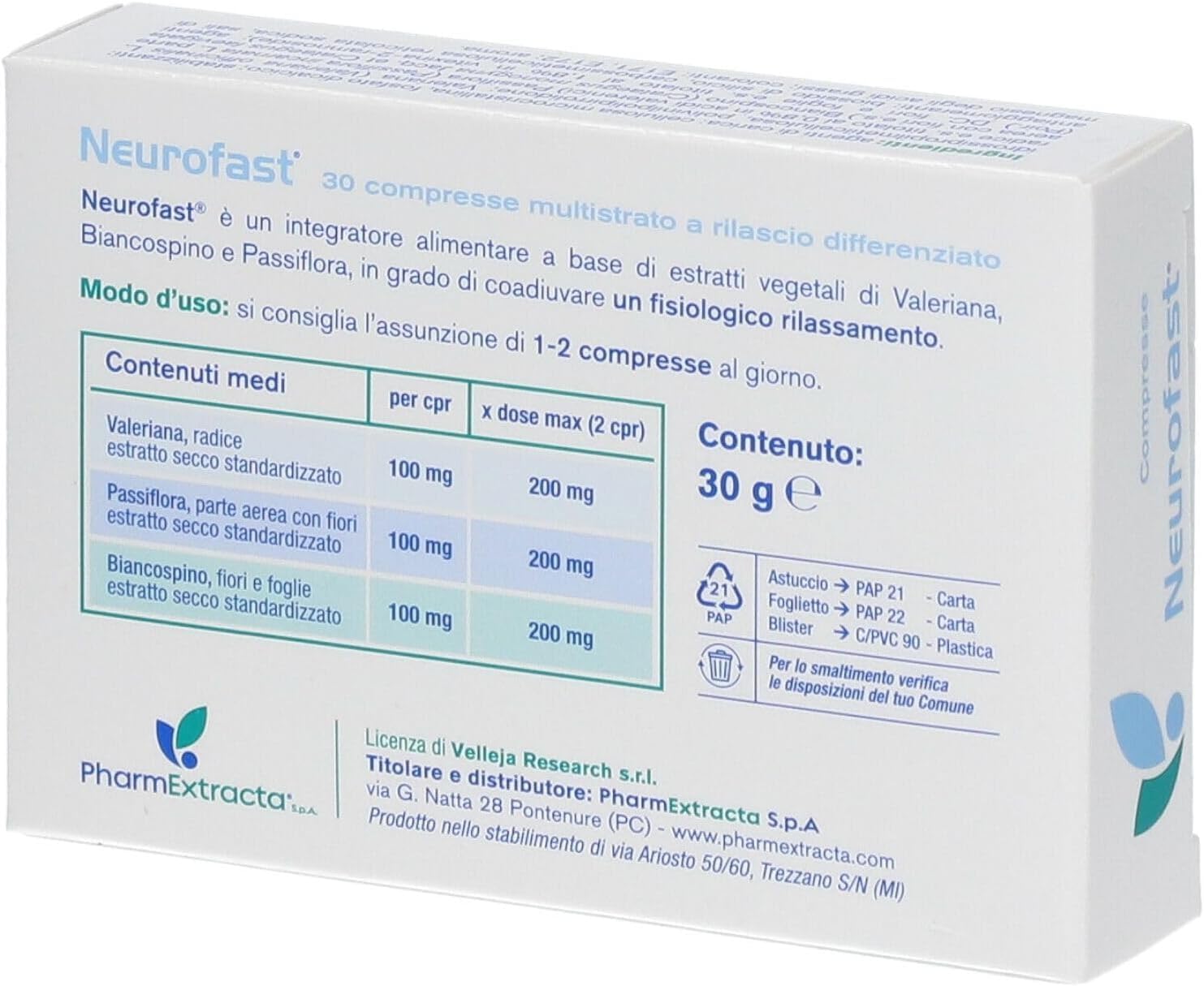 Neurofast Pharmextracta - 2 Confezioni da 30 Compresse - Rilascio Differenziato con Valeriana, Passiflora e Biancospino -Rilassamento, Sonno e Benessere Mentale