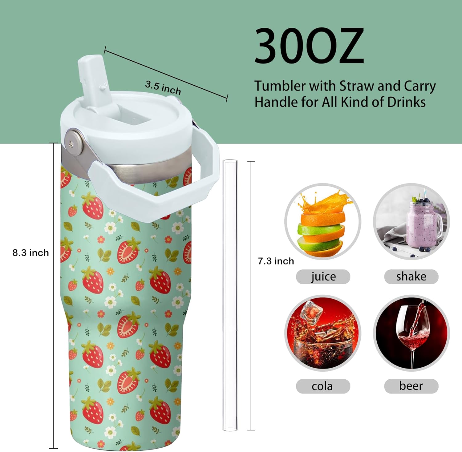 30oz Strawberry Tumbler with Handle and Flip Straw, Stainless Steel Insulated Cup, Travel Coffee Mug Water Bottle, Birthday Mothers Day Chritmas Gifts for Women Animal Lovers - Image 2