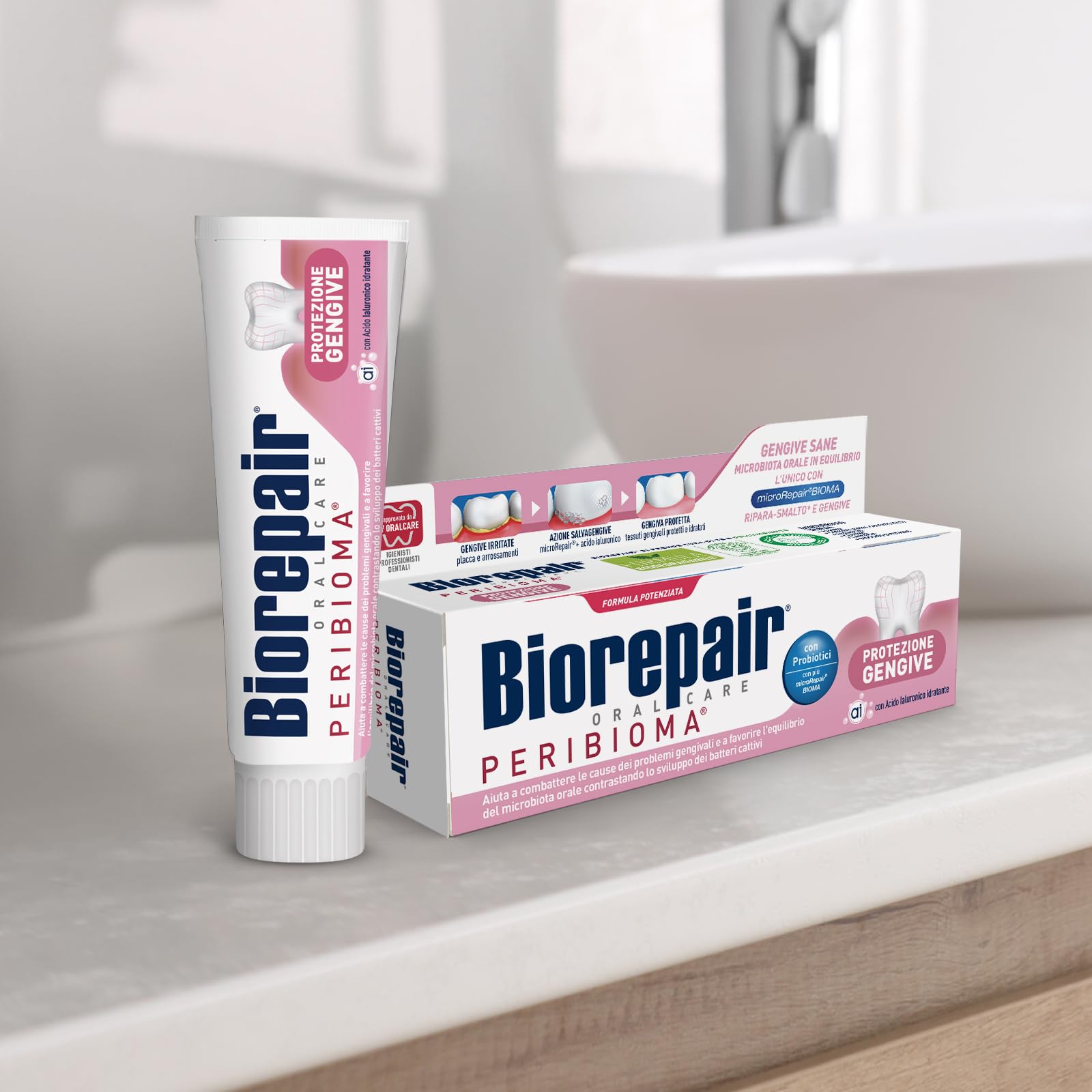 Biorepair, Zahnpasta Zahnfleischschutz Peribiom, 12 Packungen à 75 ml, bekämpft und verhindert Zahnfleischprobleme, mit Probiotika, feuchtigkeitsspendende Hyaluronsäure, ohne Fluorid