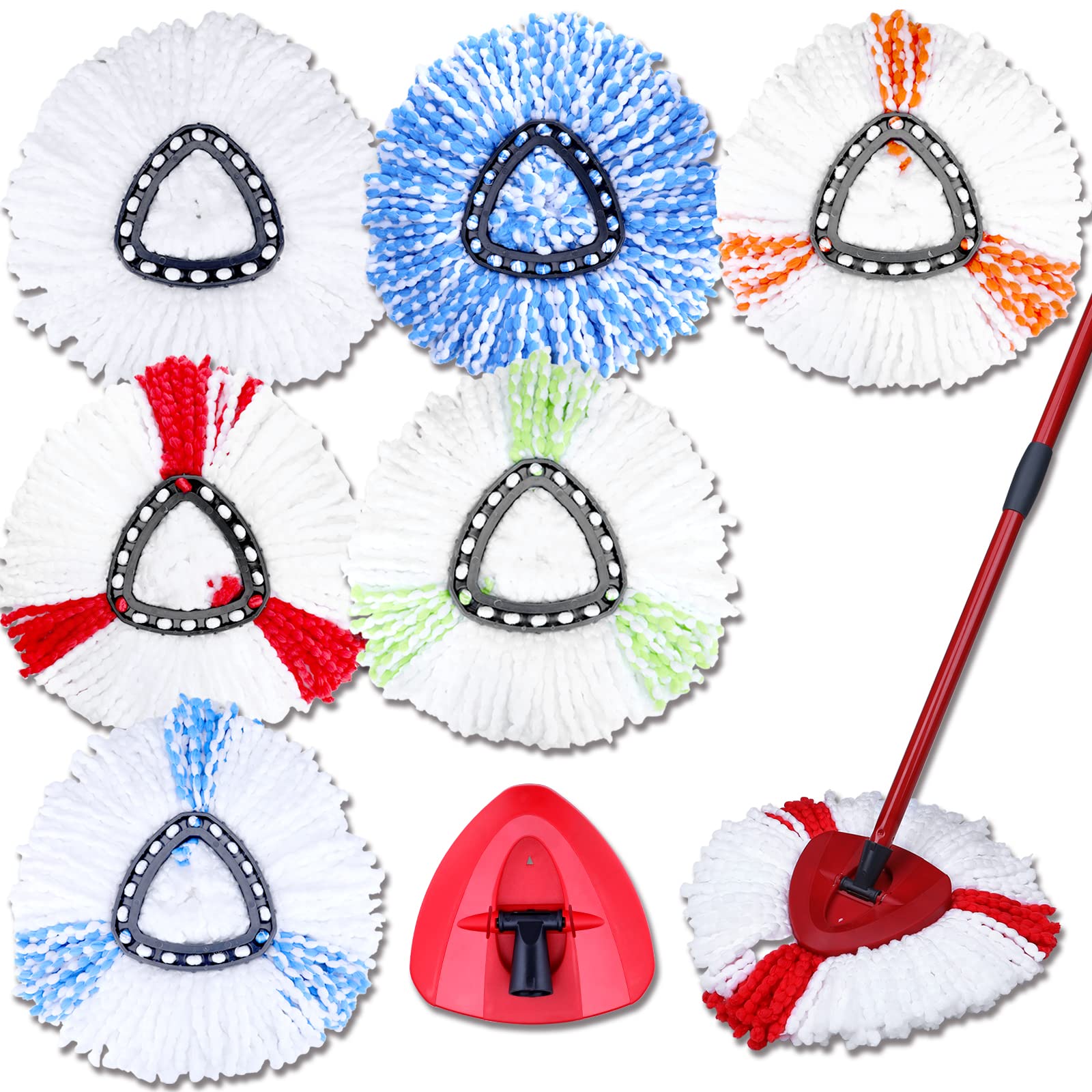 Spin Mop Replacement Head - EasyWring Mop Refills Compatible with Triangle Spin Mop for Floor Cleaning Includes 1 Rotating Mop Base (6 Mop Heads & 1Base, for 1 Tank System, Multi-Colored)