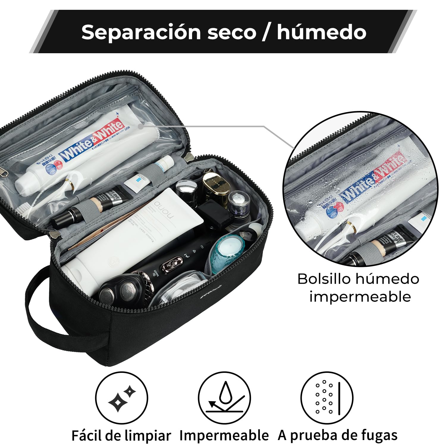 ECOHUB Neceser Hombre de Viaje, Impermeable Bolsa de Aseo, Bolsa Aseo con Separación Seco Húmedo, Neceser Organizador, Patente Pendiente(Negro-1)