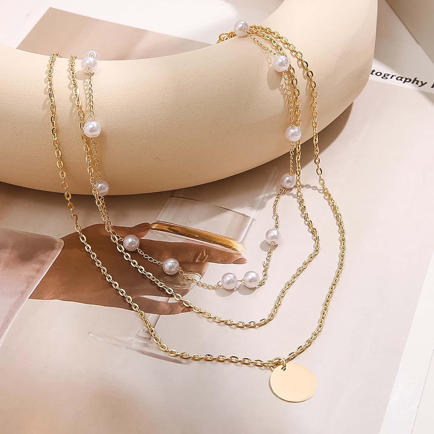 Andelaisi Boho Layered Disc Coin Necklace Choker Gold Pearl Choker Necklace Vintage Station Pearl Chain Necklace Multilayer Coin Pendant Necklace Jewelry for Women - Image 6