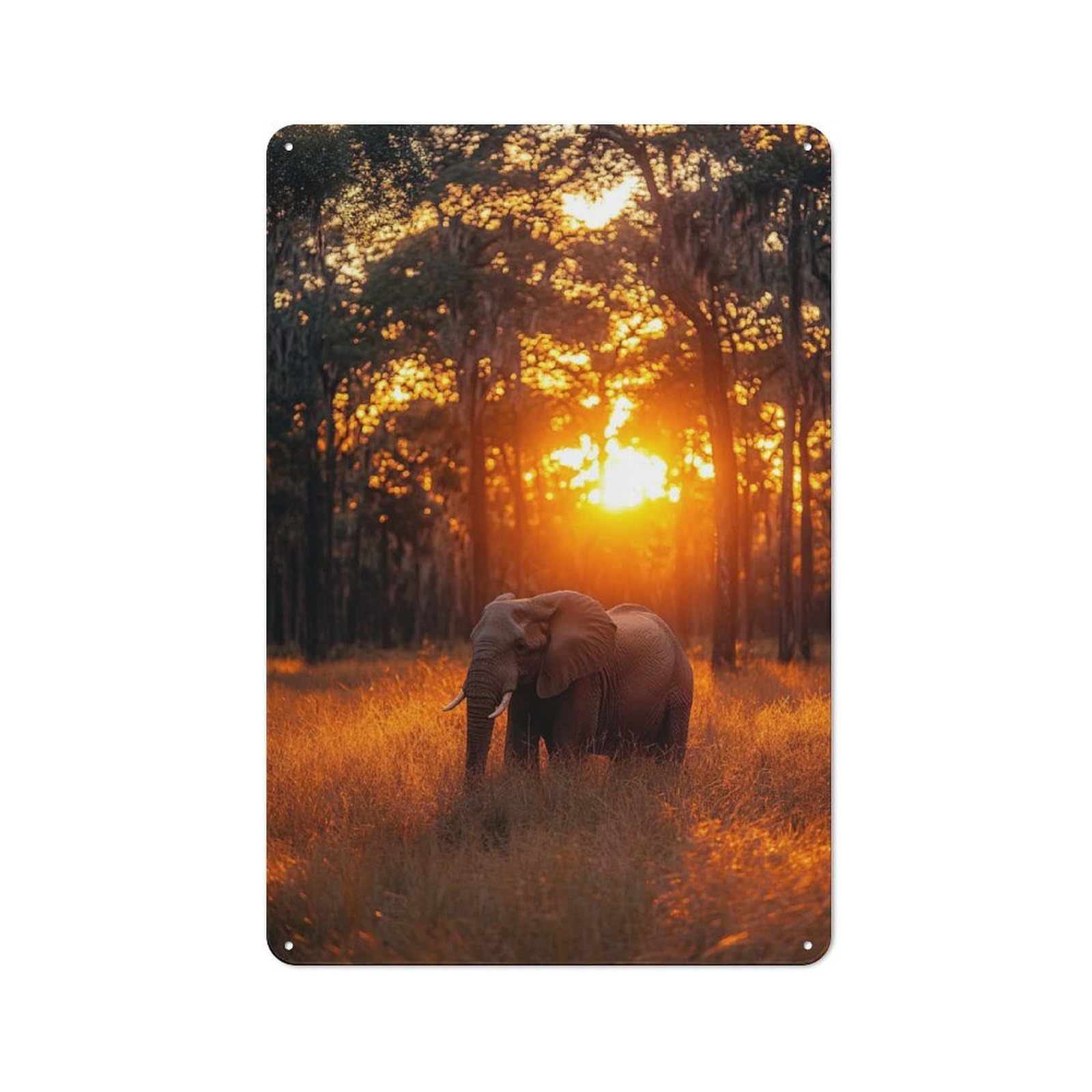 Metal Wall Sign 30x20cm Featuring Elephant in Golden Sunset for Café Or Restaurant, A Decorative Metal Sign for Cafés And Restaurants
