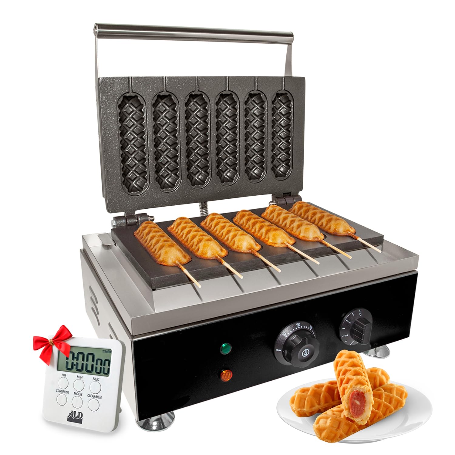 corn dog waffle maker for commercial use  hotdog waffles on a stick  stainless steel  110v 6 pcs